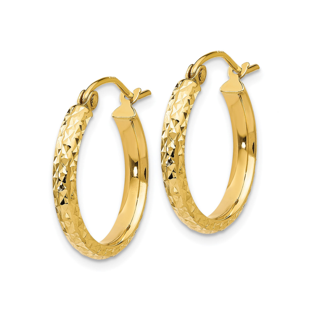 10k Yellow Gold Hoop Earrings, Diamond Cut Textured Round Design with Latch Back Closure