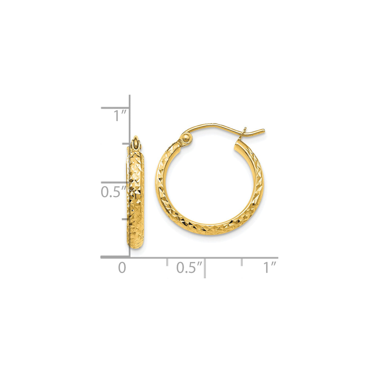 10k Yellow Gold Hoop Earrings, Diamond Cut Textured Round Design with Latch Back Closure