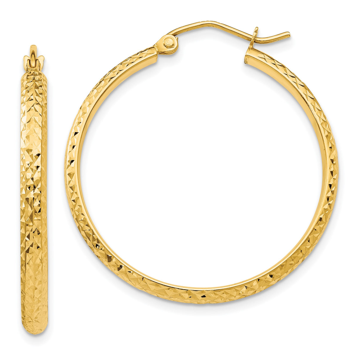 10k Yellow Gold Hoop Earrings, Diamond-Cut Textured Finish, Classic Round Design, Latch Back Closure