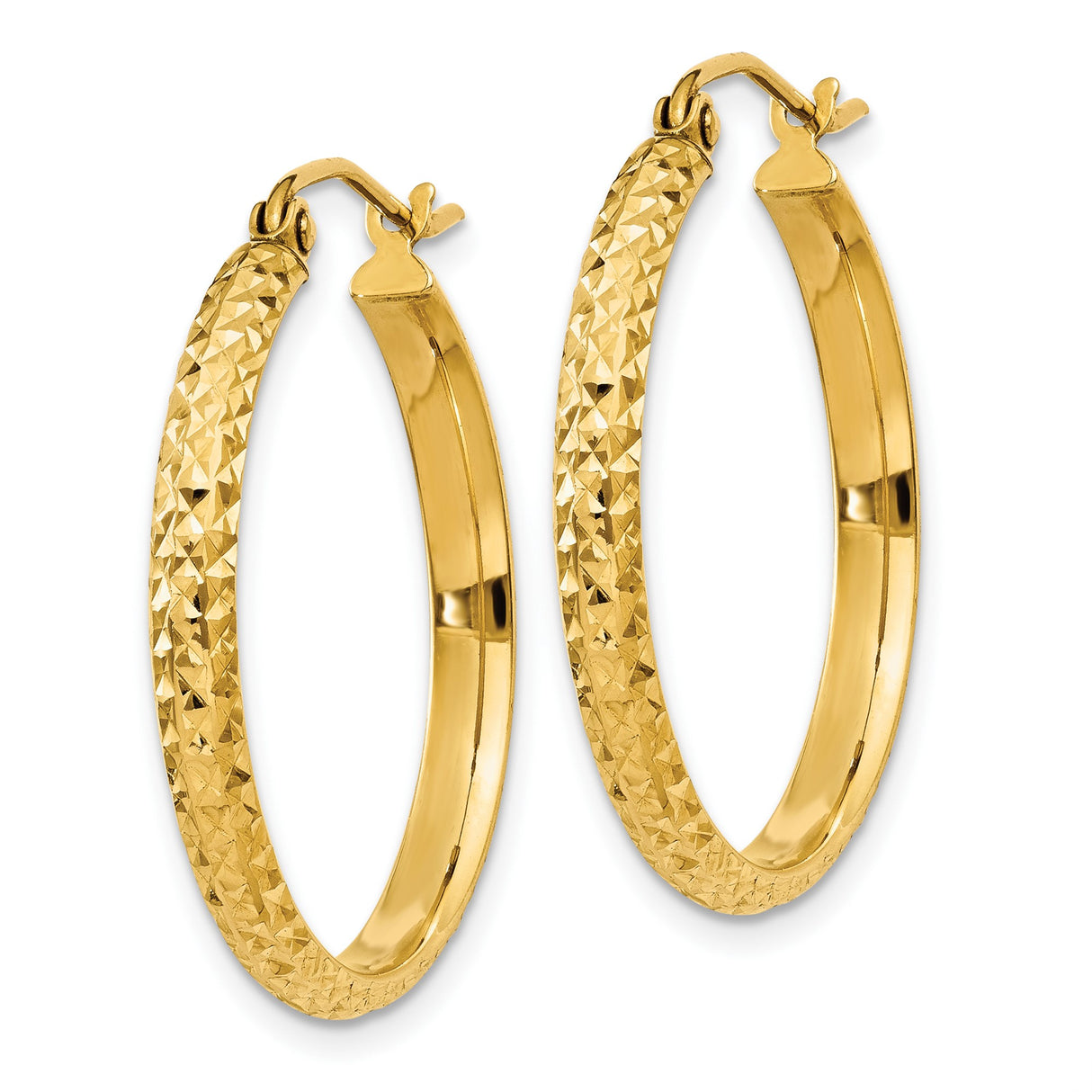10k Yellow Gold Hoop Earrings, Diamond Cut Textured Finish, Lightweight Classic Design for Women