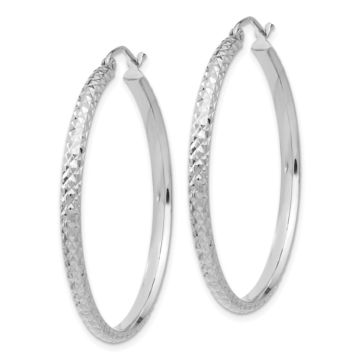 10k White Gold Hoop Earrings, Diamond Cut Textured Finish, Lightweight Hollow Design