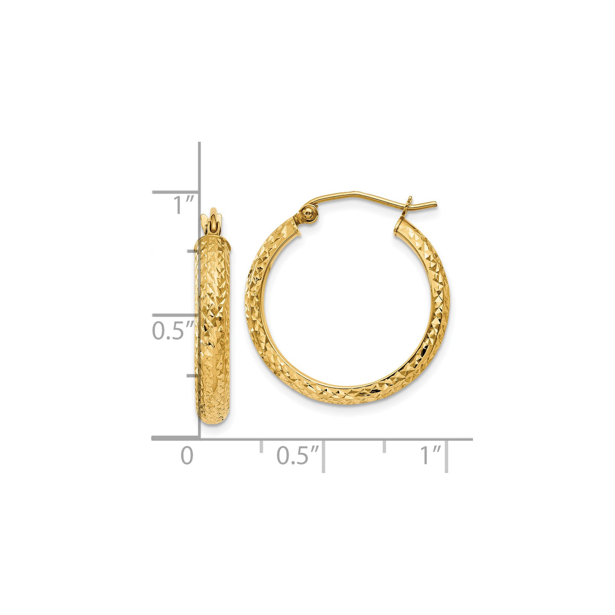 10k Yellow Gold Hoop Earrings, Diamond Cut Texture, Lightweight Round Design, Latch Back Closure
