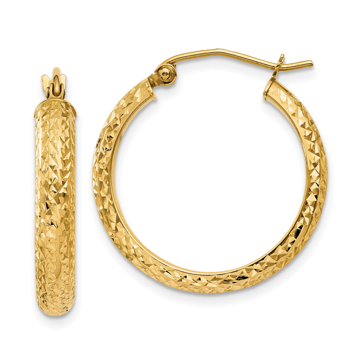 10k Yellow Gold Hoop Earrings, Diamond Cut Texture, Lightweight Round Design, Latch Back Closure