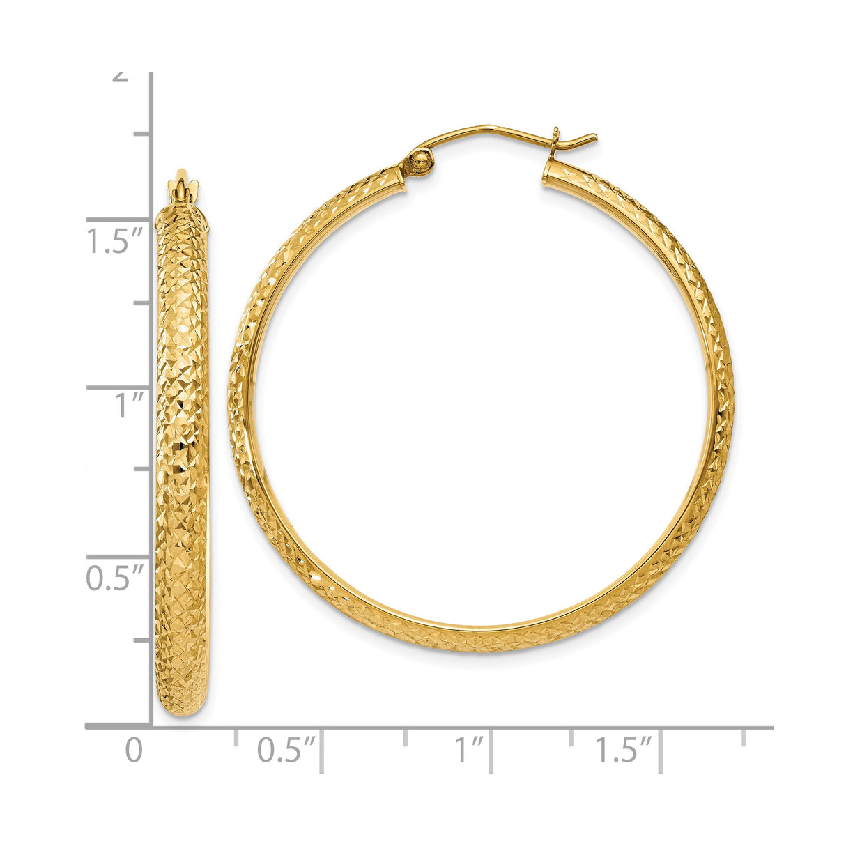 10k Yellow Gold Hoop Earrings, Textured Diamond Cut Design, Medium Lightweight Round Style