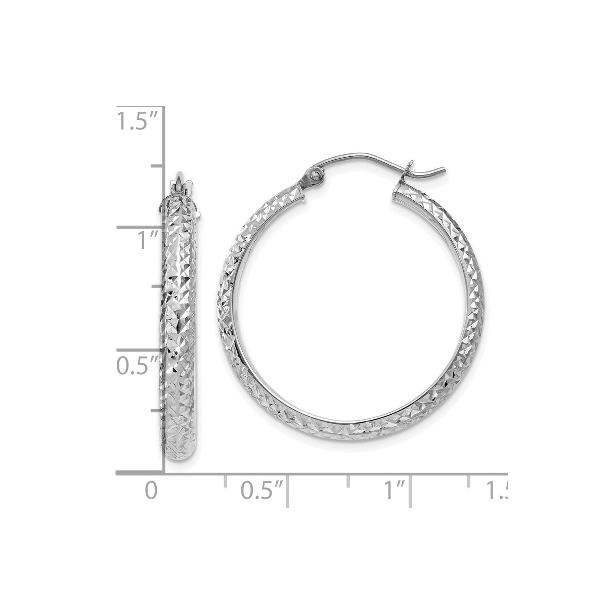 10k White Gold Hoop Earrings, Diamond Cut Textured High-Shine Finish, Classic Round Design