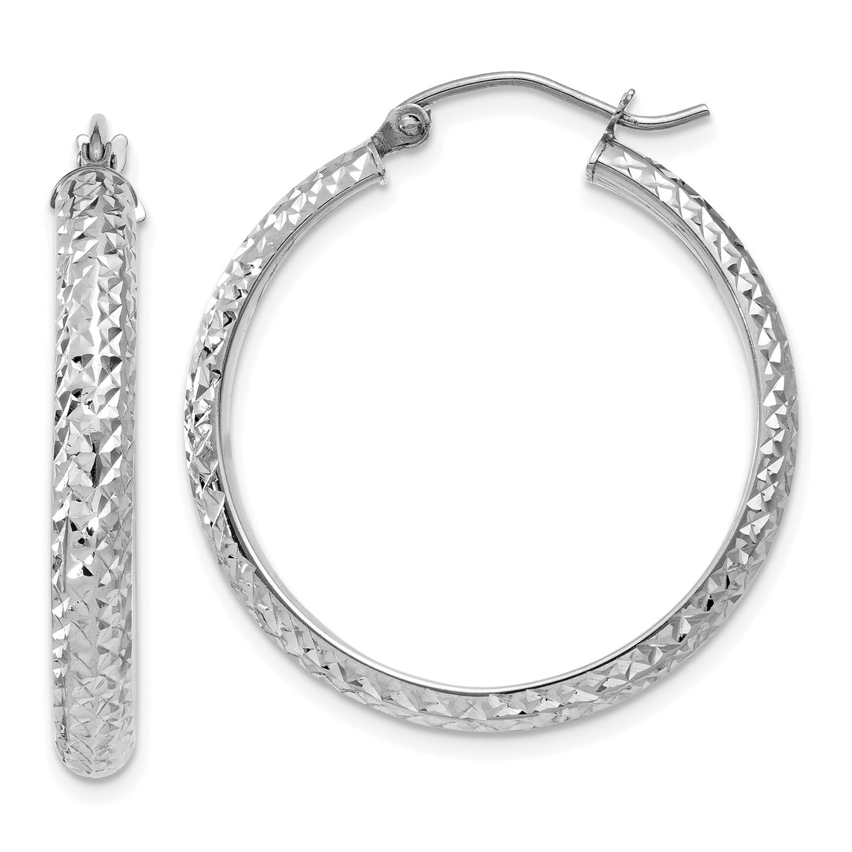 10k White Gold Hoop Earrings, Diamond Cut Textured High-Shine Finish, Classic Round Design
