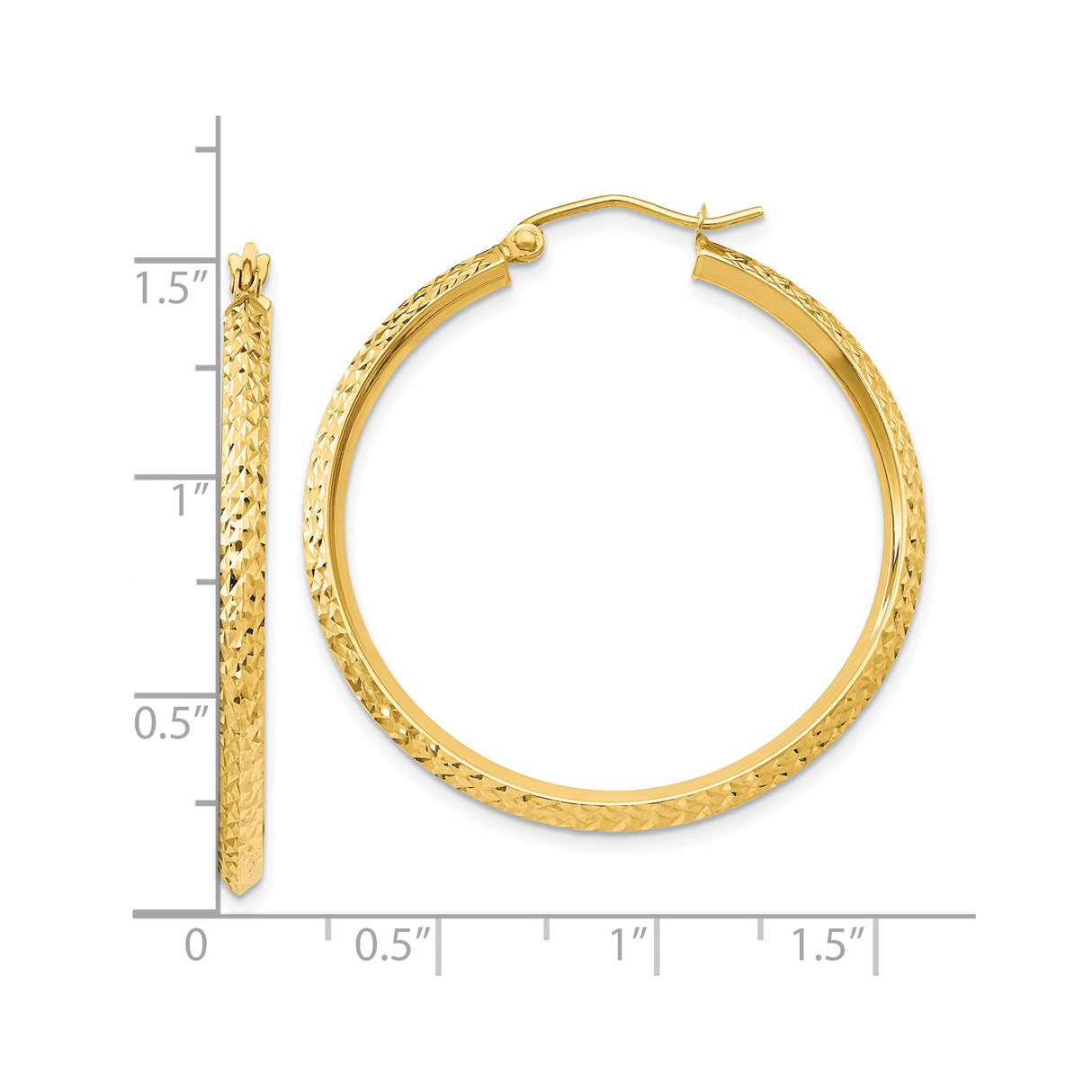 10k Yellow Gold Hoop Earrings, Textured Round Design with Diamond Cut Finish, Lightweight and Hollow