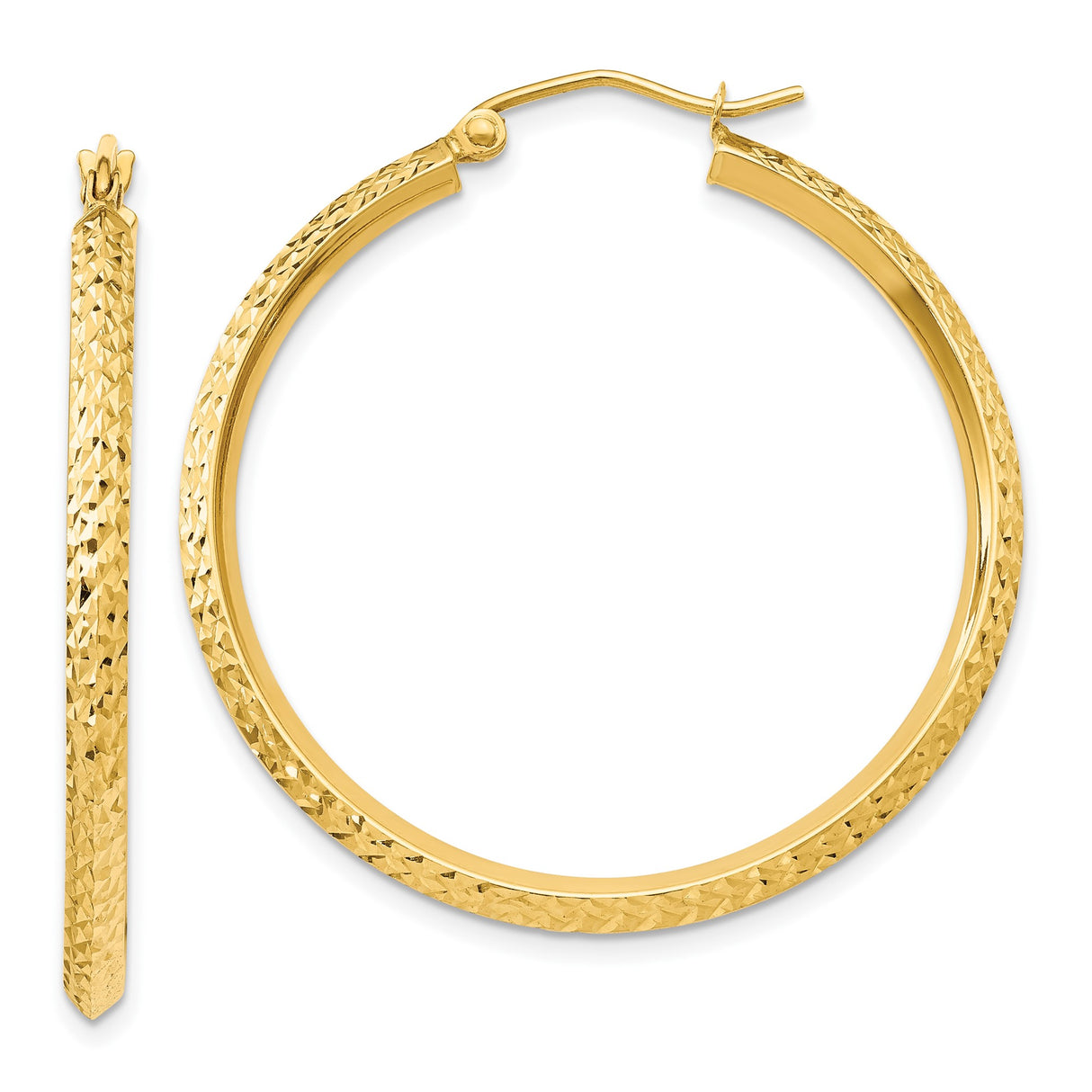 10k Yellow Gold Hoop Earrings, Textured Round Design with Diamond Cut Finish, Lightweight and Hollow