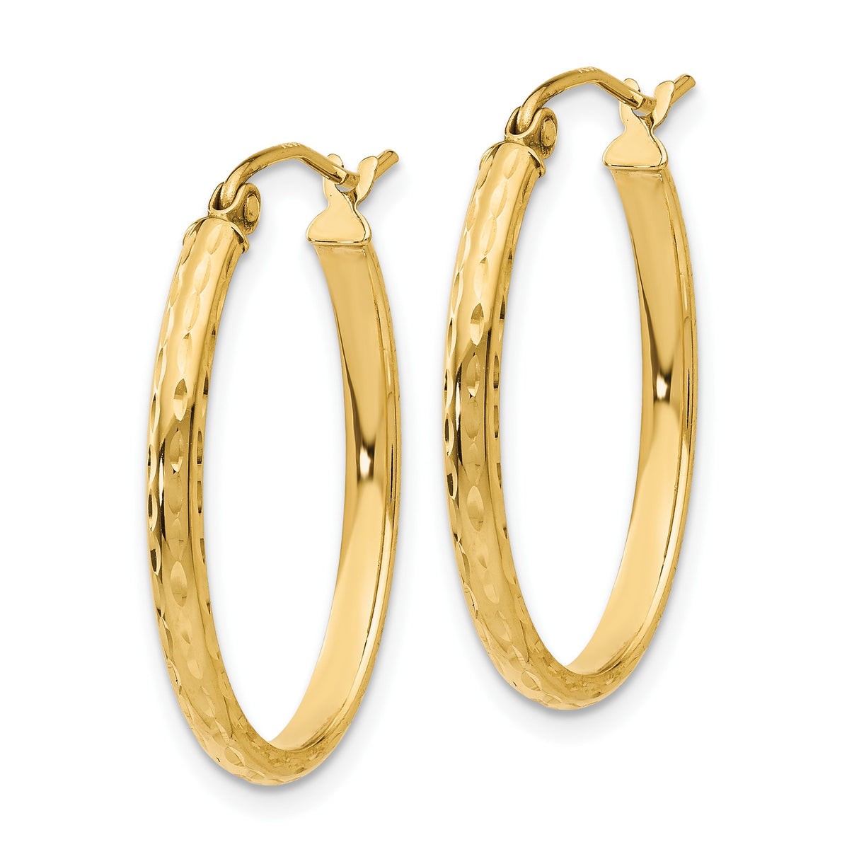 10k Yellow Gold Hoop Earrings, Diamond Cut Textured Oval Hoops, Polished Finish, Lightweight Design