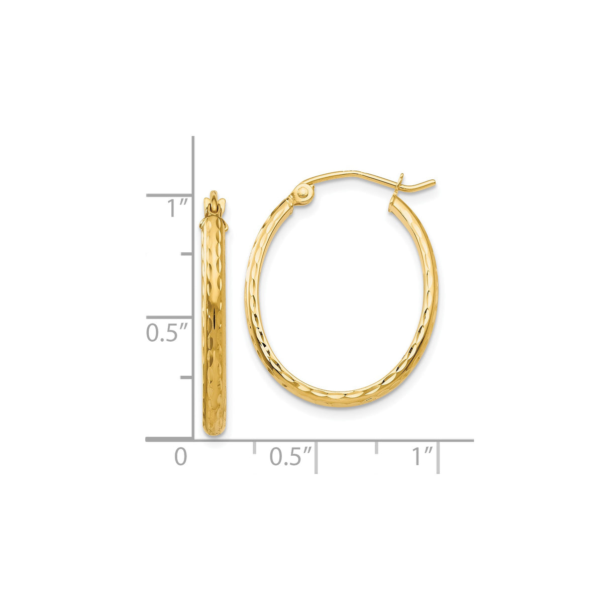 10k Yellow Gold Hoop Earrings, Diamond Cut Textured Oval Hoops, Polished Finish, Lightweight Design