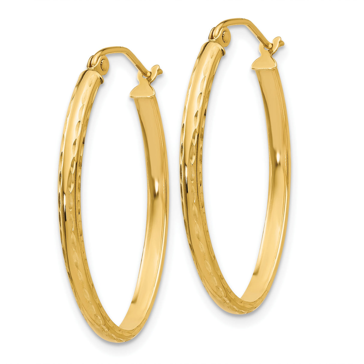 10k Yellow Gold Oval Hoop Earrings, Polished Diamond Cut Lightweight Textured Hoops
