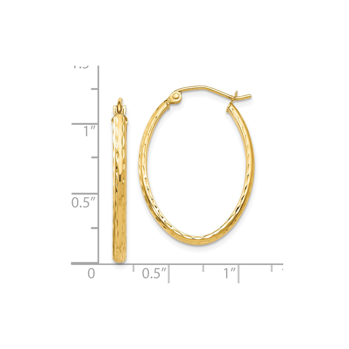 10k Yellow Gold Oval Hoop Earrings, Polished Diamond Cut Lightweight Textured Hoops