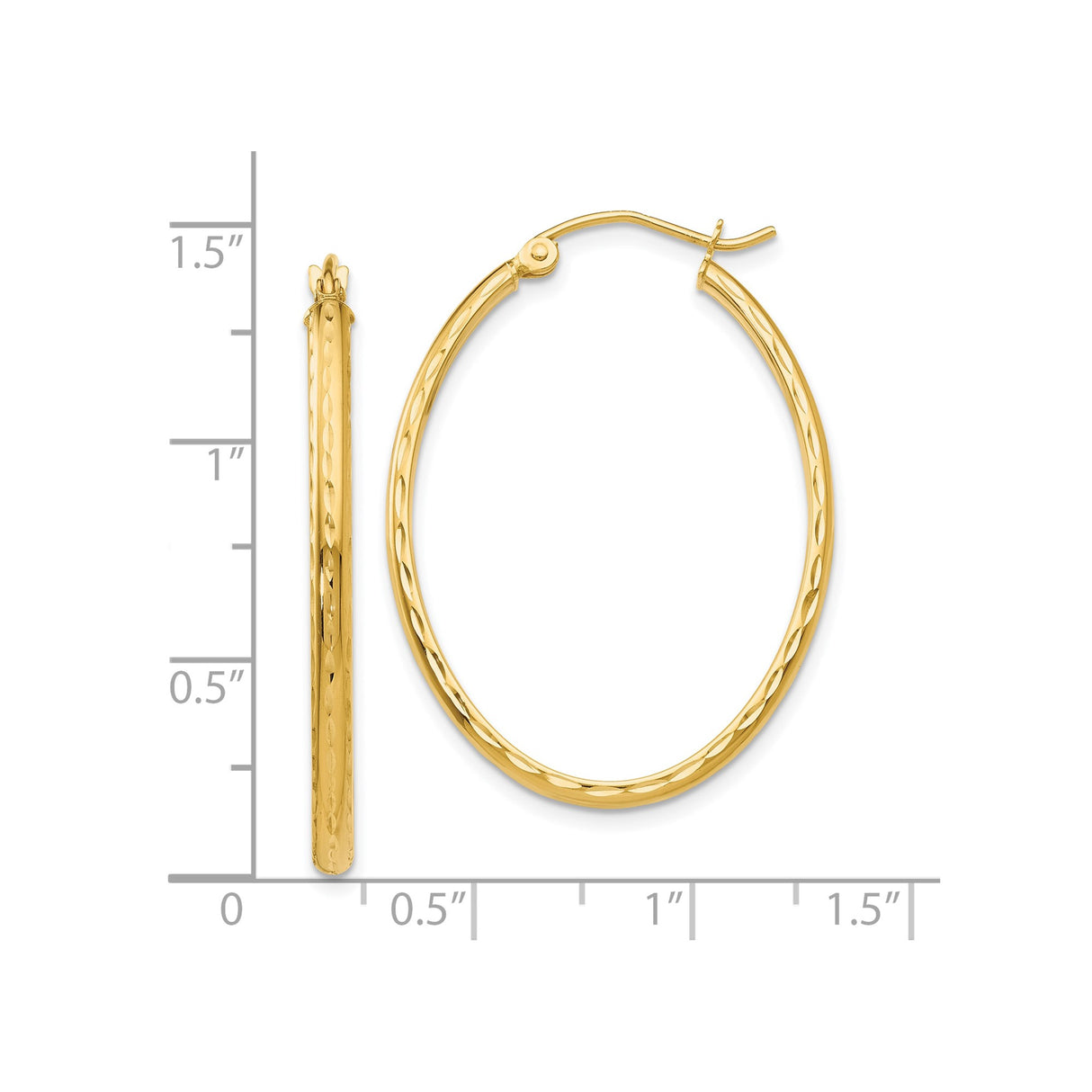 10k Yellow Gold Oval Hoop Earrings with Diamond Cut Textured Design