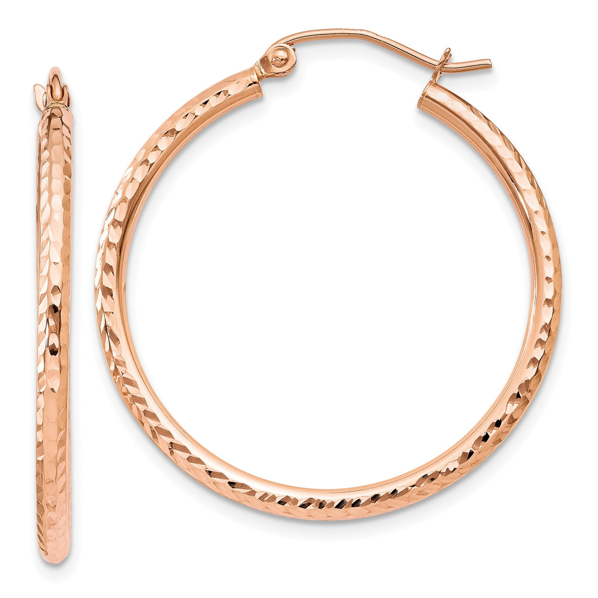 10k Rose Gold Hoop Earrings with Hammered Texture and Polished Finish, Lightweight Latch Back