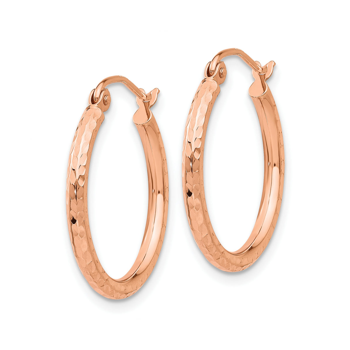 10k Rose Gold Hoop Earrings, Textured Diamond Cut Design, Lightweight Polished Round Hoops