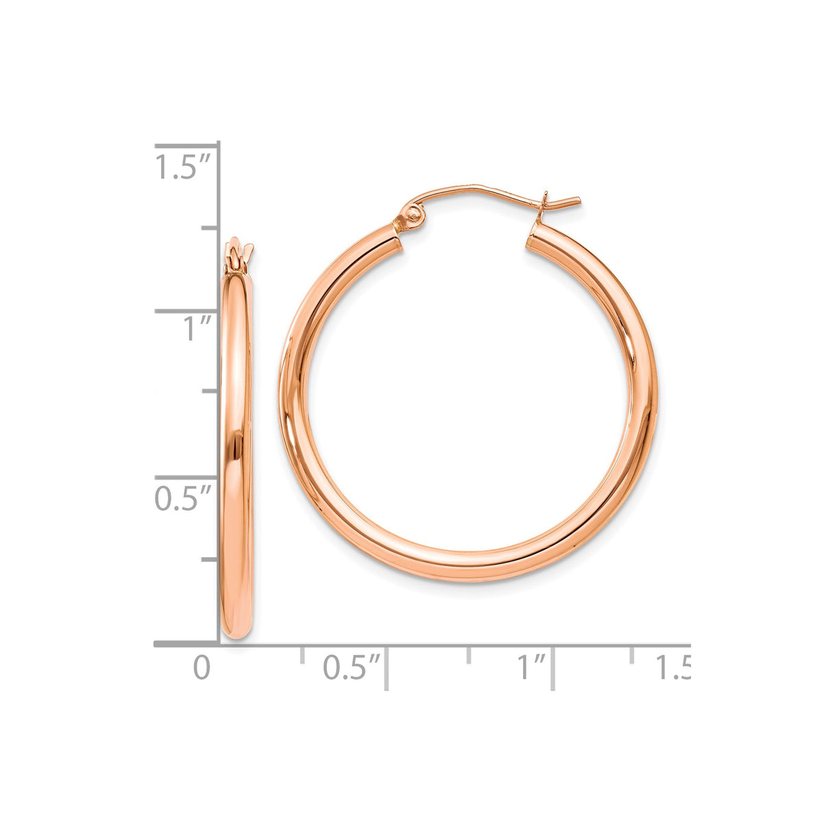 10k Rose Gold Hoop Earrings, Medium Size Lightweight Tube with Polished Finish, Classic Round Design
