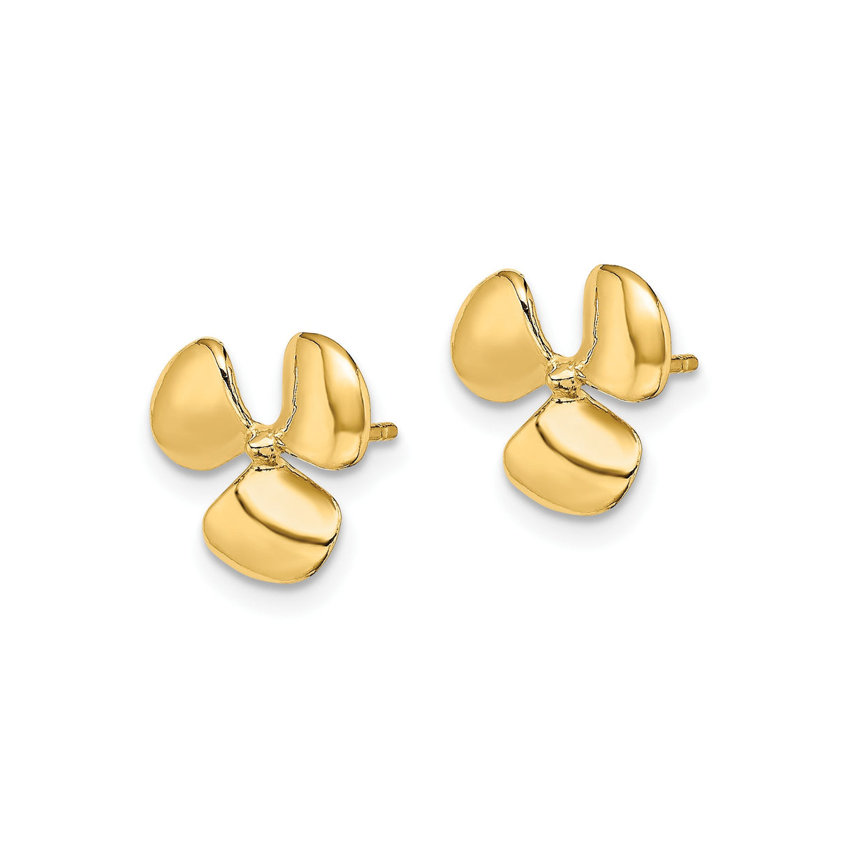 10k Yellow Gold Propeller Stud Earrings, Three Blade Design, Nautical Theme for Women