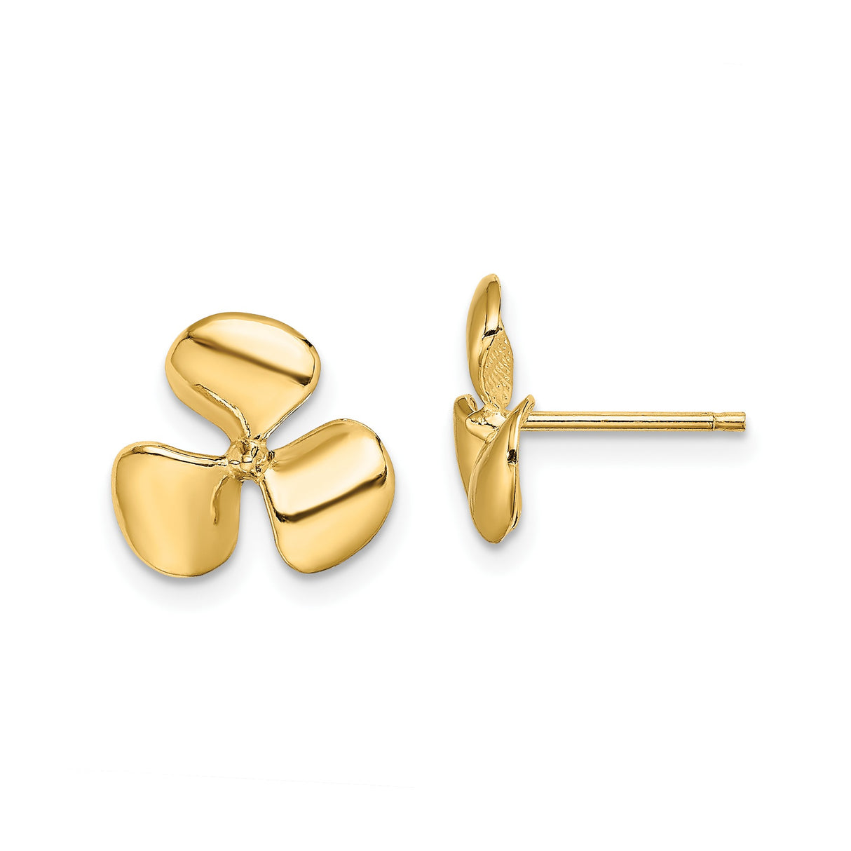 10k Yellow Gold Propeller Stud Earrings, Three Blade Design, Nautical Theme for Women