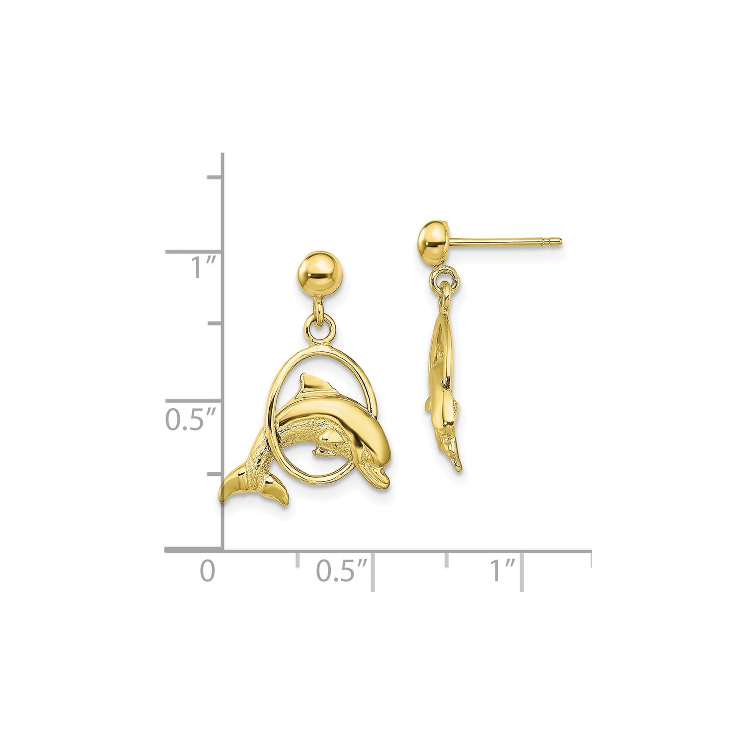 10k Yellow Gold Dolphin Hoop Drop Earrings with Ocean Themed Marine Life Design