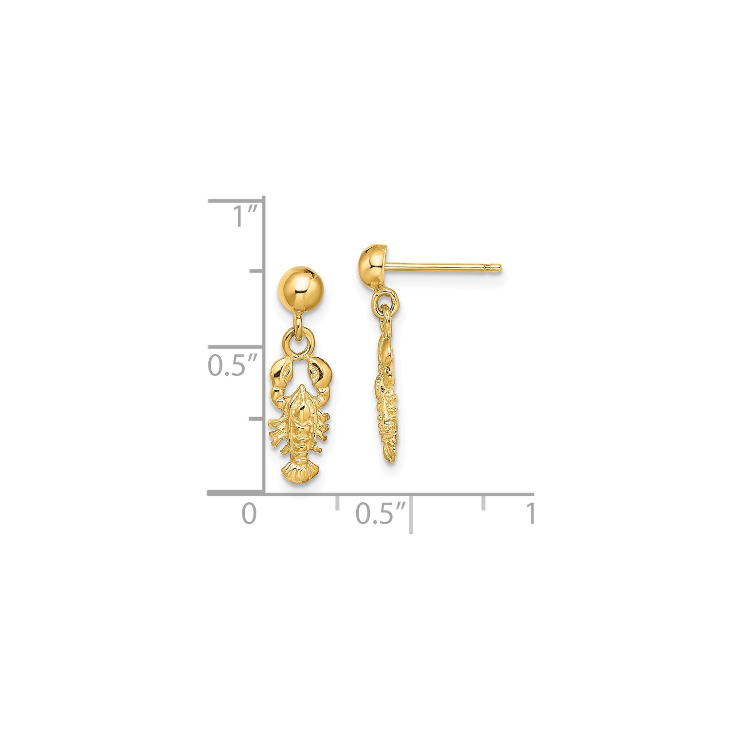 10k Yellow Gold Lobster Charm Dangle Stud Earrings, Nautical Sea Life Theme for Women