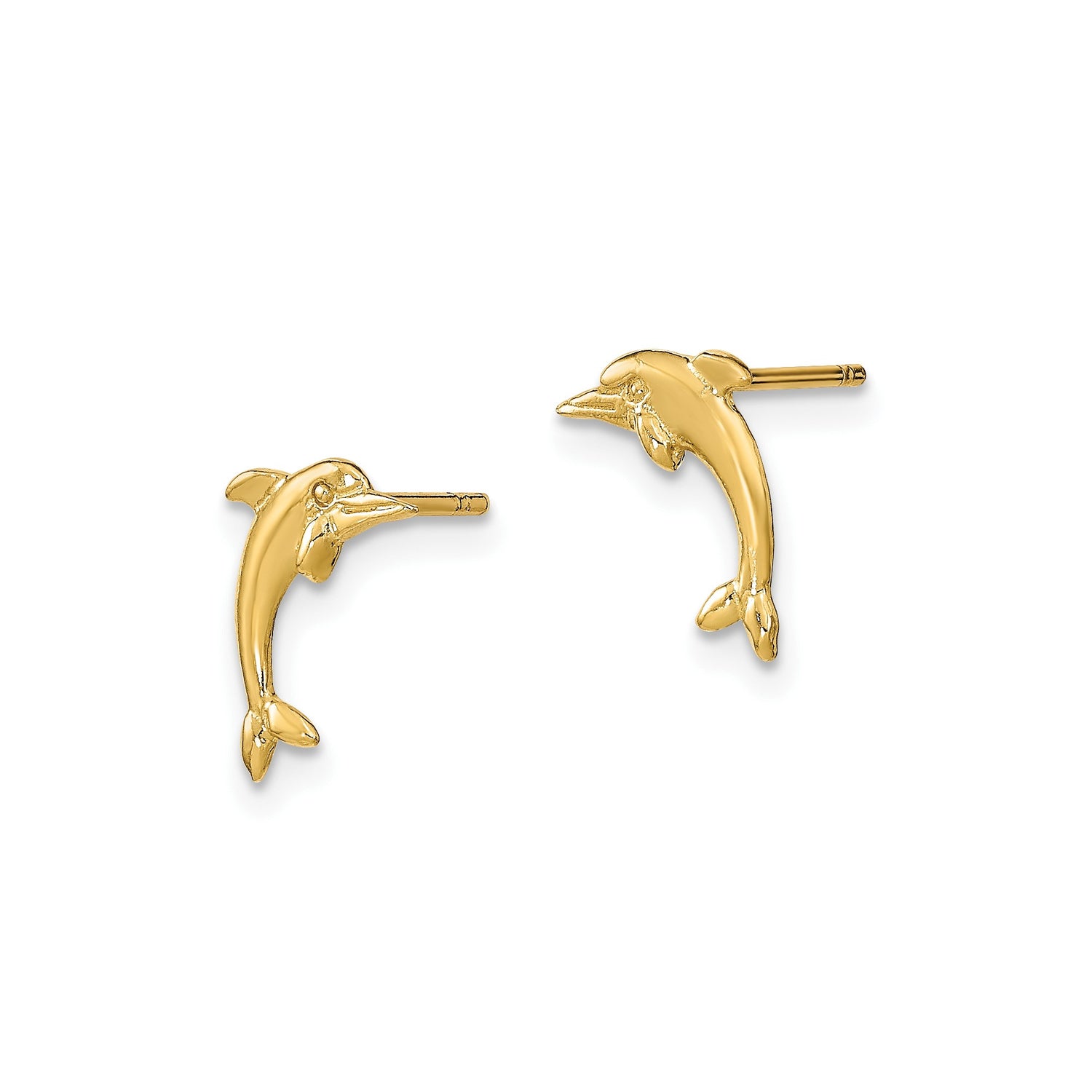 10k Yellow Gold Dolphin Stud Earrings, Playful Jumping Ocean Animal Design for Women