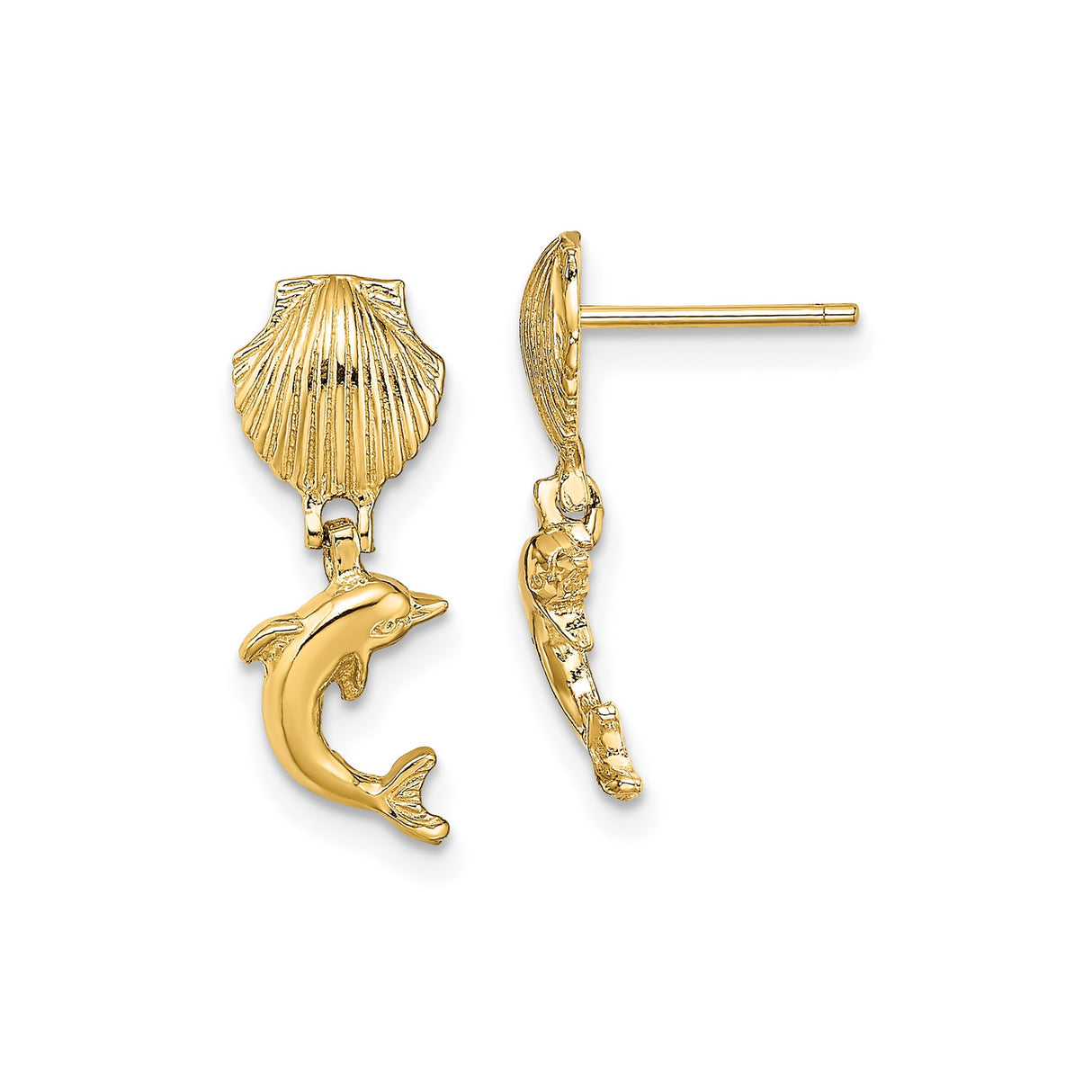 10k Yellow Gold Dolphin Drop Earrings with Seashell Studs, Nautical Summer Beach Style
