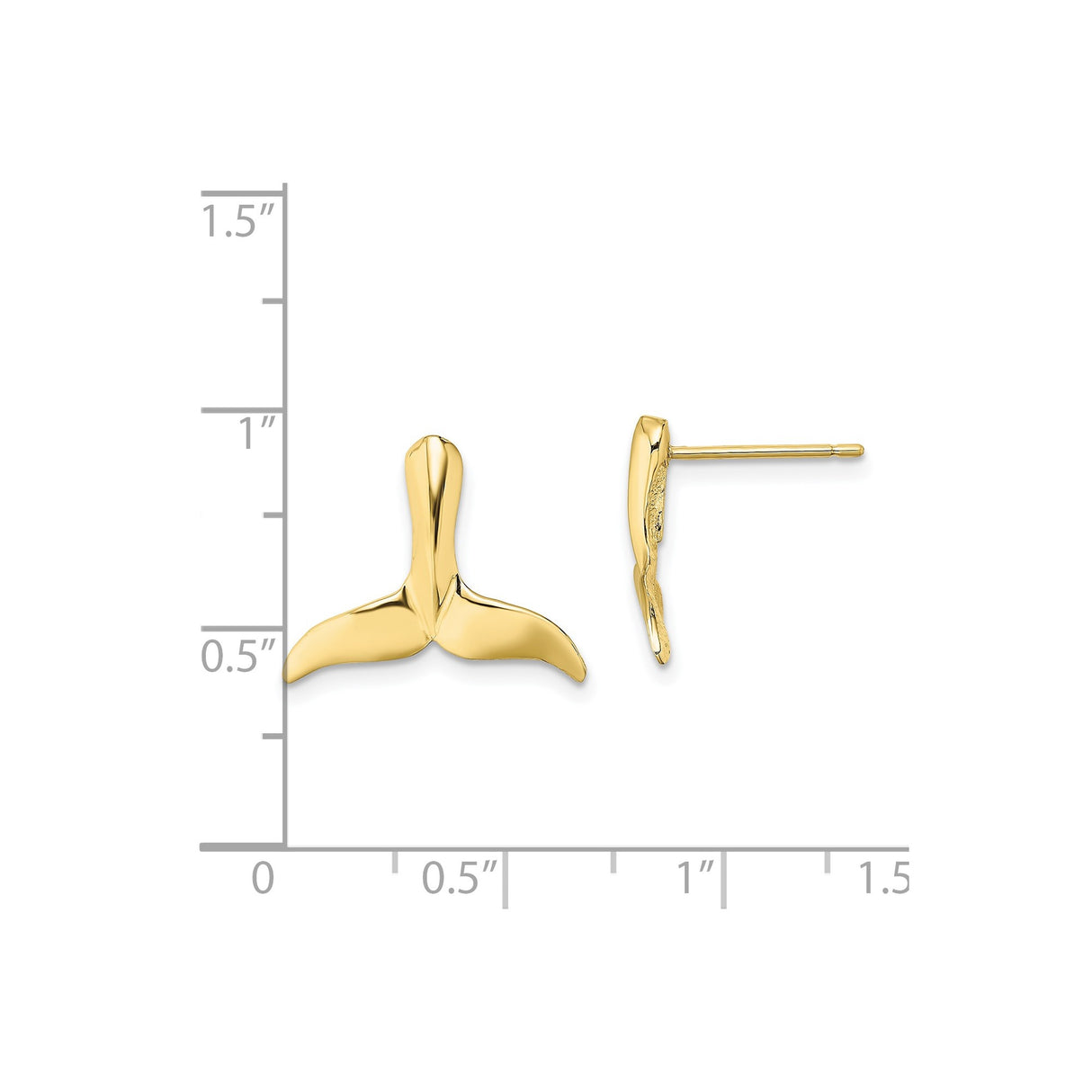 10k Yellow Gold Whale Tail Stud Earrings, Polished Finish, Ocean-Inspired Nautical Design