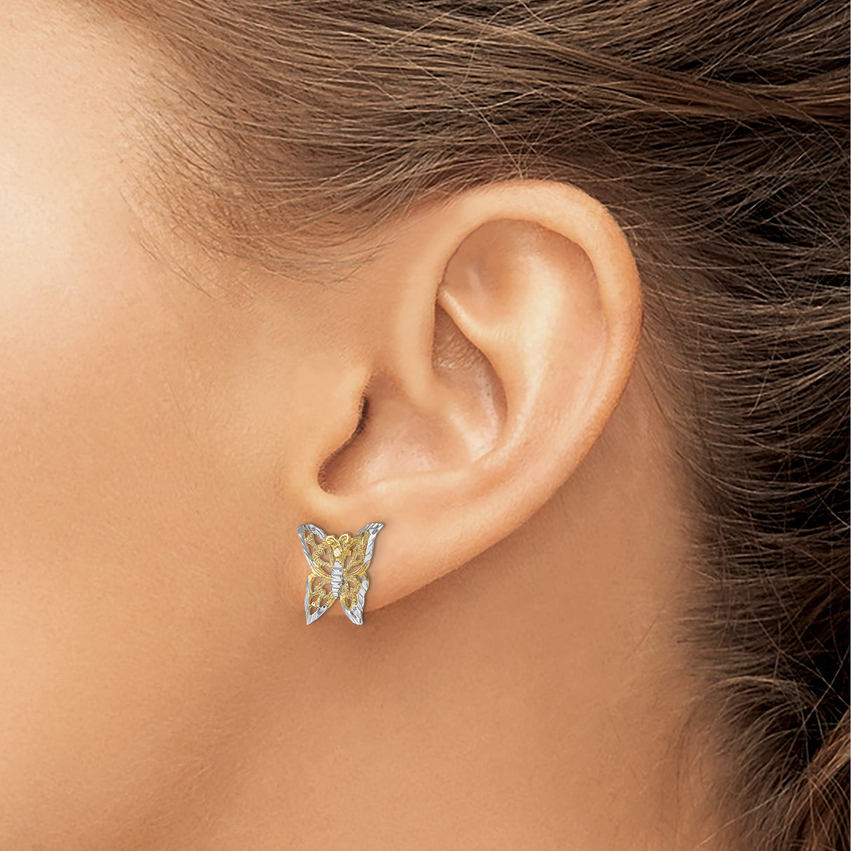 10k Yellow Gold Butterfly Stud Earrings with Rhodium Accents and Heart Cutout Design