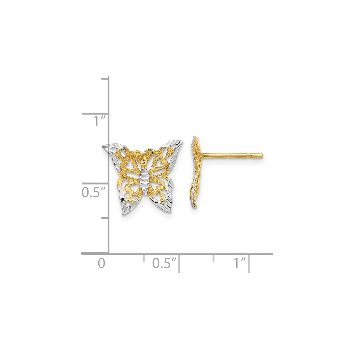 10k Yellow Gold Butterfly Stud Earrings with Rhodium Accents and Heart Cutout Design
