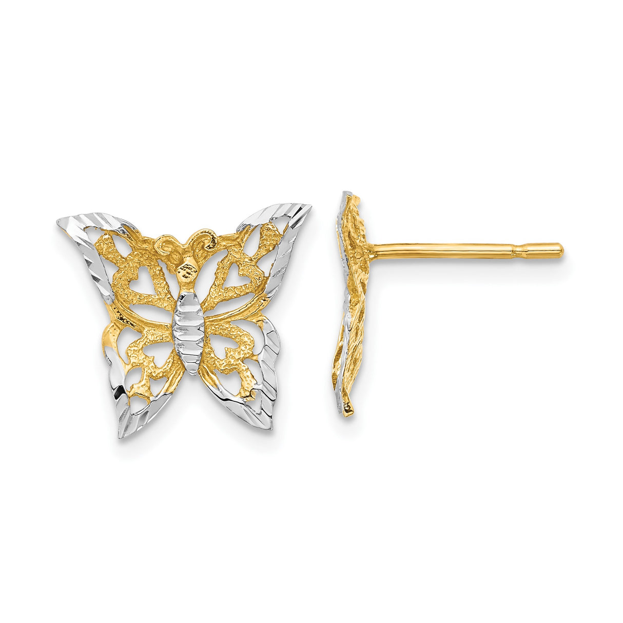 10k Yellow Gold Butterfly Stud Earrings with Rhodium Accents and Heart Cutout Design