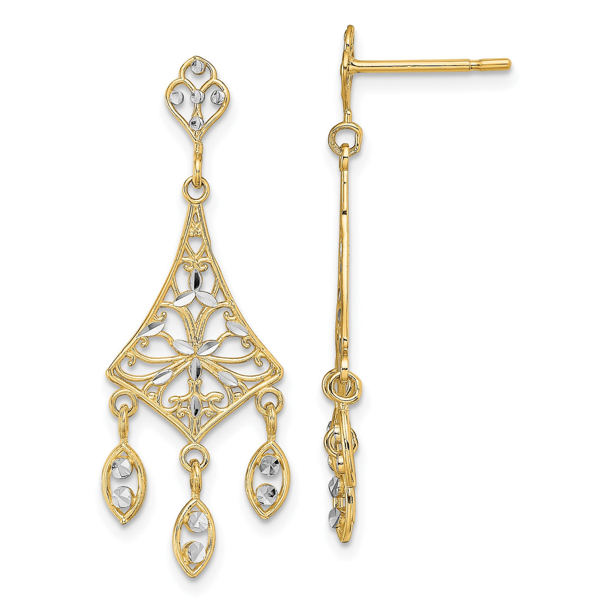 10k Yellow Gold Dangle Earrings, Rhodium Filigree Teardrop Floral Chandelier Design