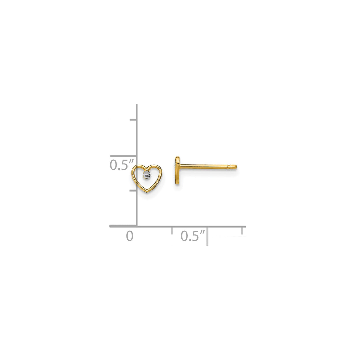10k Yellow Gold Heart Stud Earrings with Rhodium Accent and Polished Bead Center