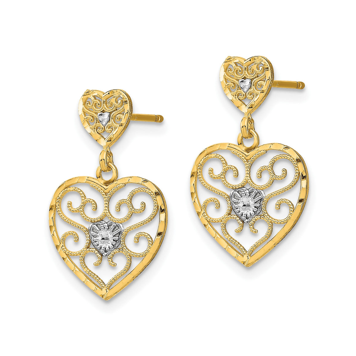 10k Yellow Gold Dangle Earrings with Rhodium Accented Heart and Filigree Scrollwork Design