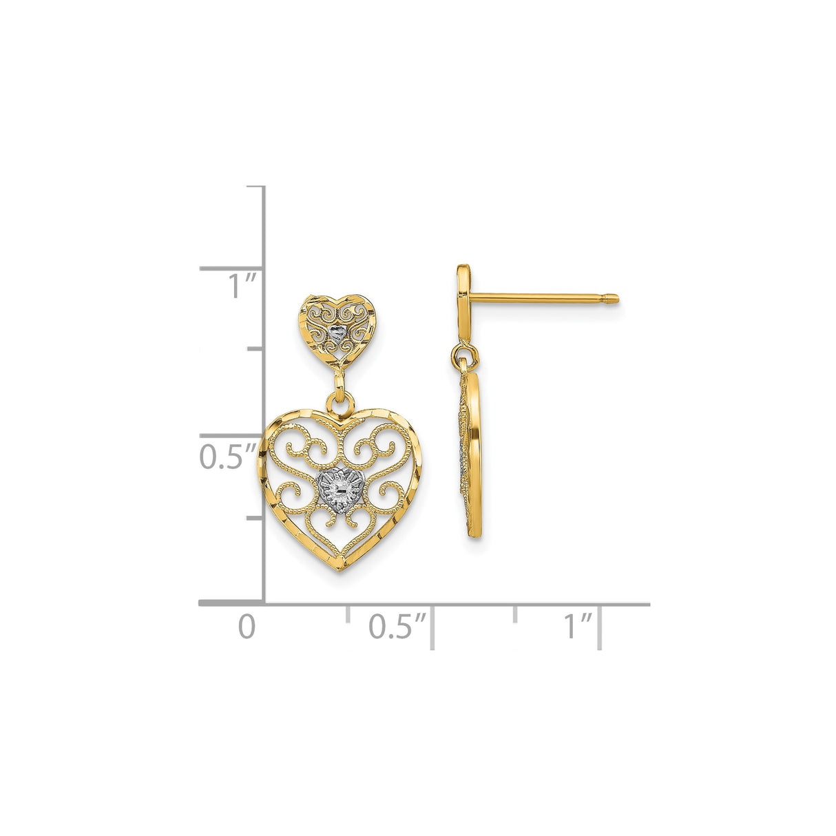 10k Yellow Gold Dangle Earrings with Rhodium Accented Heart and Filigree Scrollwork Design
