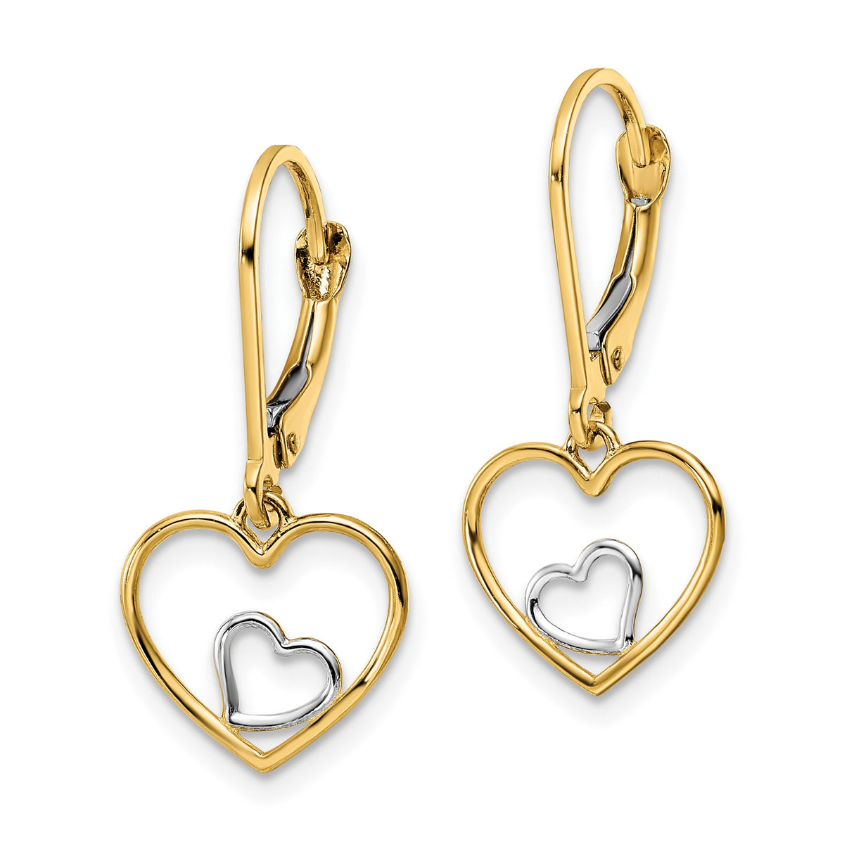 10k Yellow Gold Dangle Earrings with Double Open Heart Design, Two-Tone Rhodium Finish