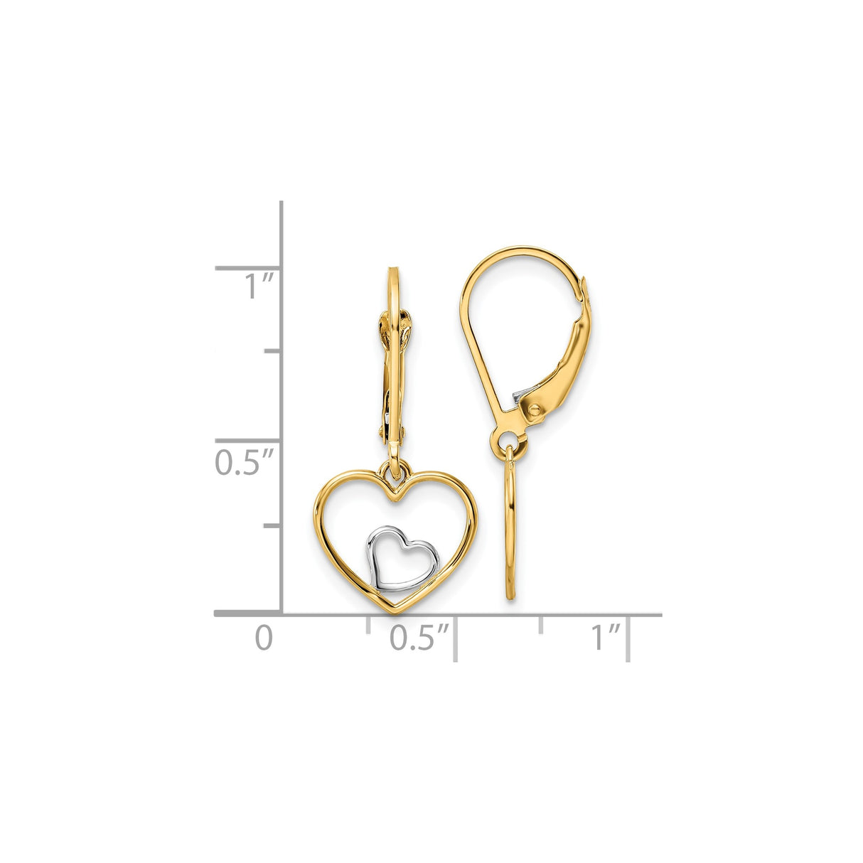 10k Yellow Gold Dangle Earrings with Double Open Heart Design, Two-Tone Rhodium Finish