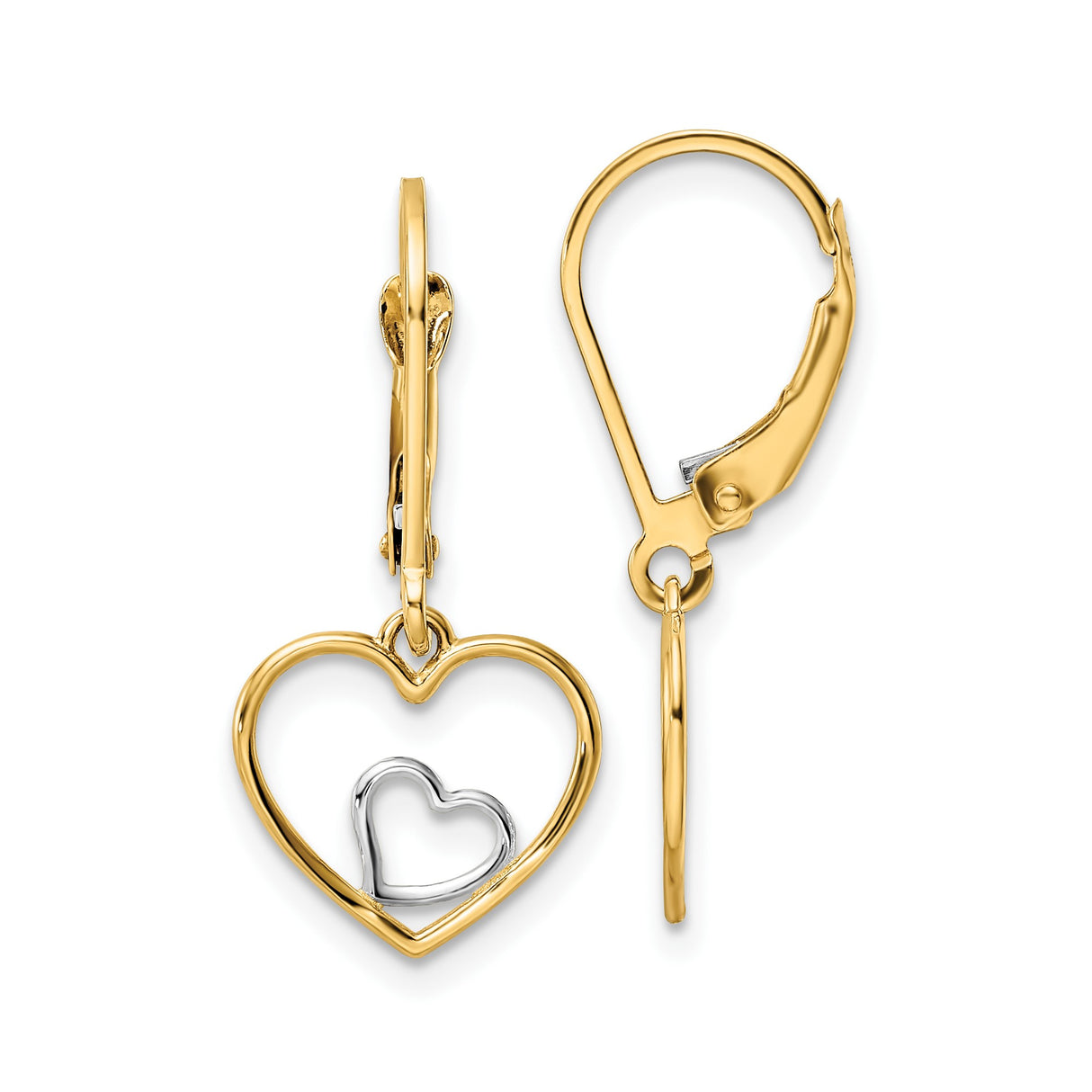 10k Yellow Gold Dangle Earrings with Double Open Heart Design, Two-Tone Rhodium Finish