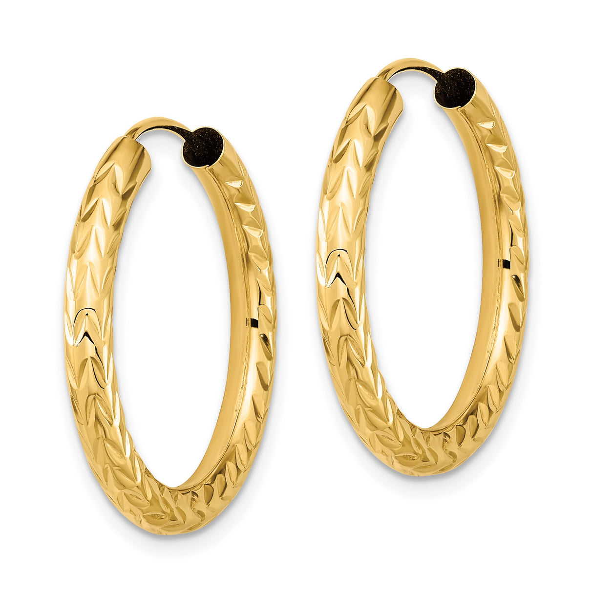 10k Yellow Gold Hoop Earrings with Textured Diamond Cut Leaf Pattern, Endless Lightweight Design