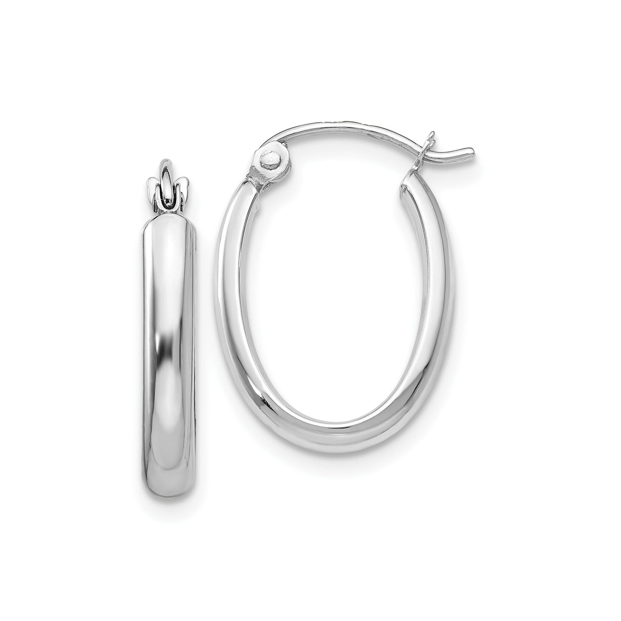 10k White Gold Oval Hoop Earrings, Polished Lightweight Smooth Finish, Classic Everyday Style