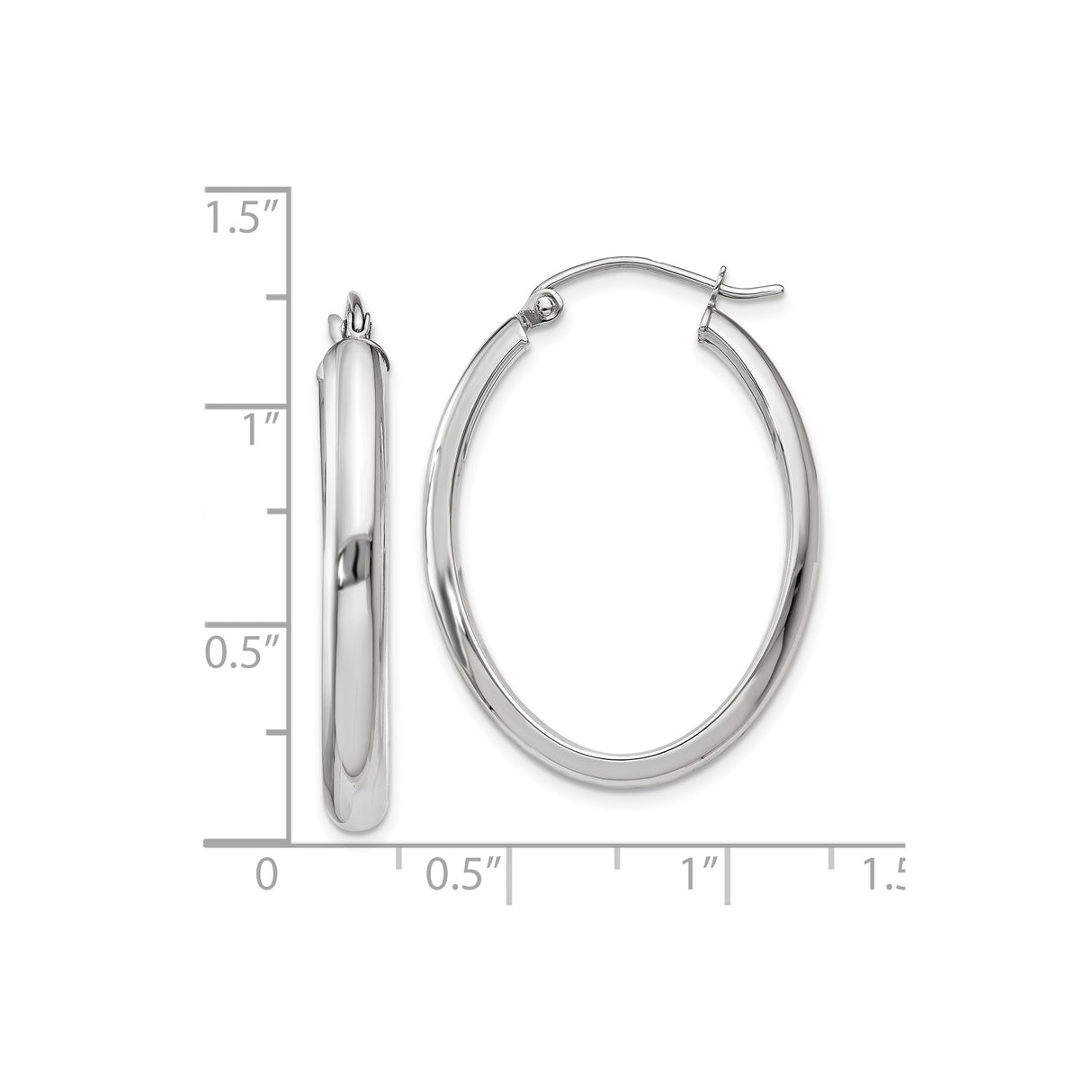 10k White Gold Hoop Earrings, Oval Tube Design with High Polish Finish, Sleek Minimalist Style for Women