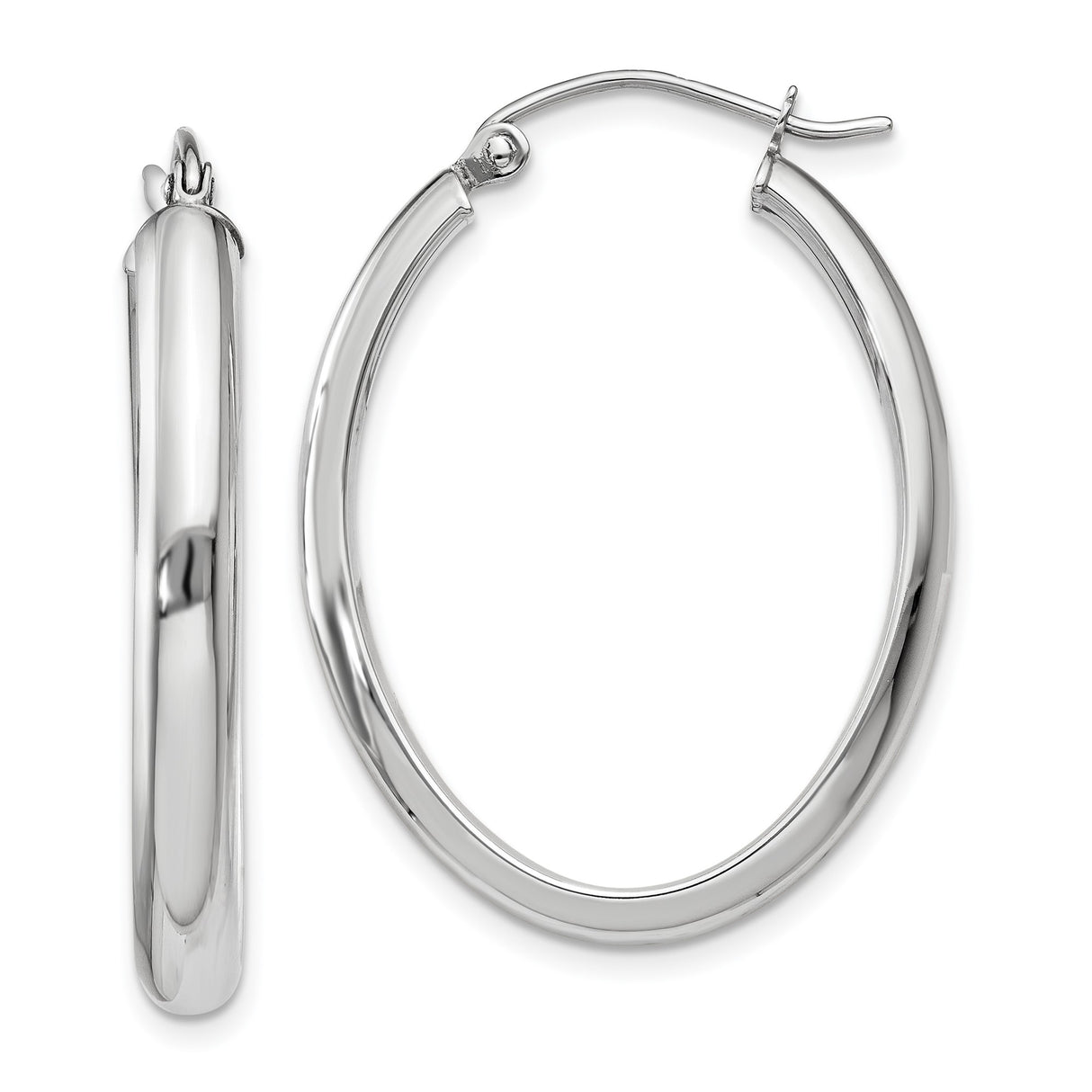 10k White Gold Hoop Earrings, Oval Tube Design with High Polish Finish, Sleek Minimalist Style for Women