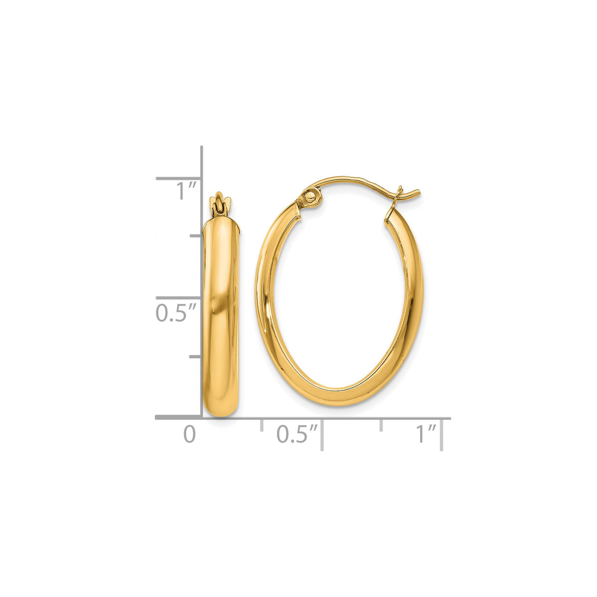 10k Yellow Gold Oval Hoop Earrings, Polished Finish, Latch Back, Lightweight Tube Style