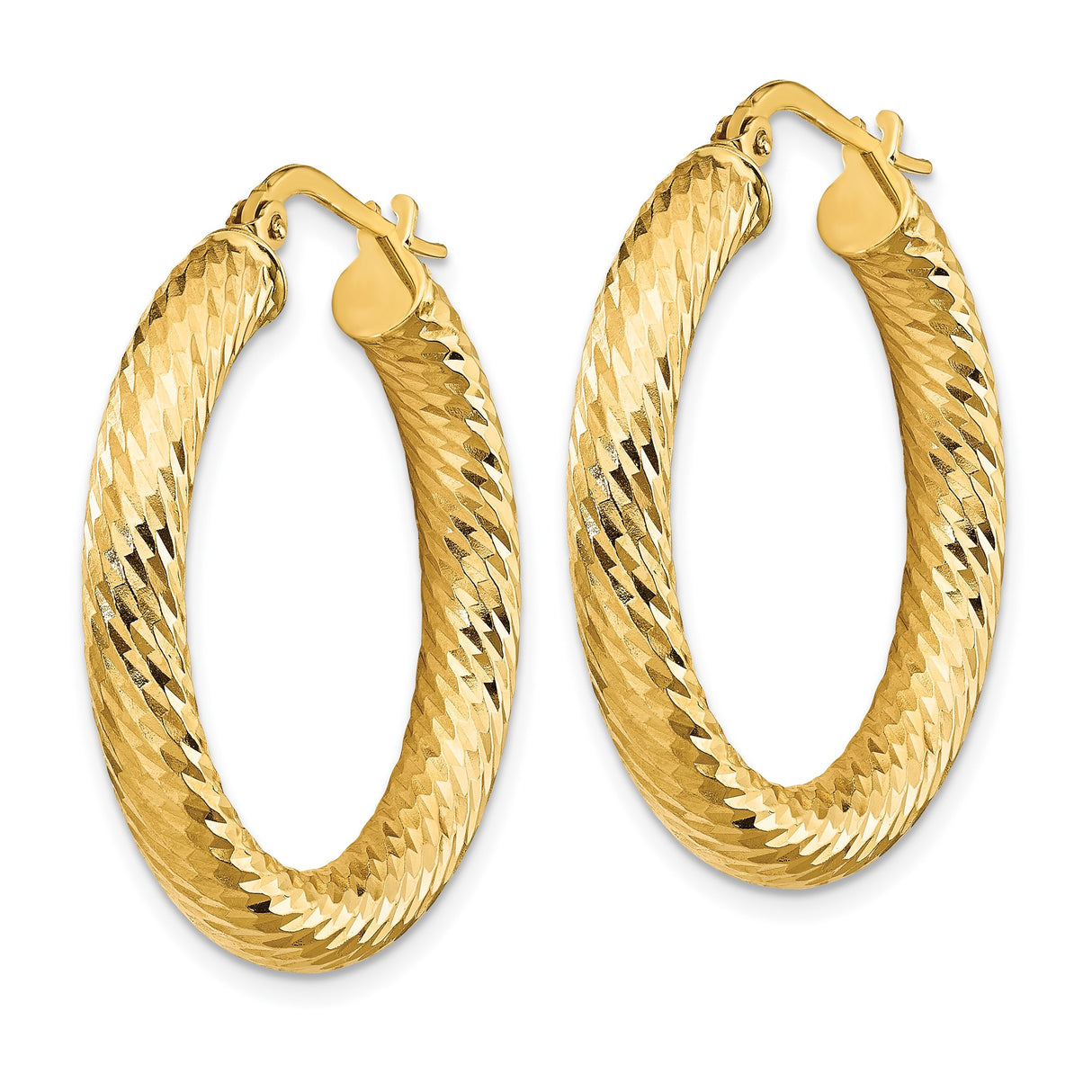 10k Yellow Gold Twisted Hoop Earrings with Diamond Cut Textured Design