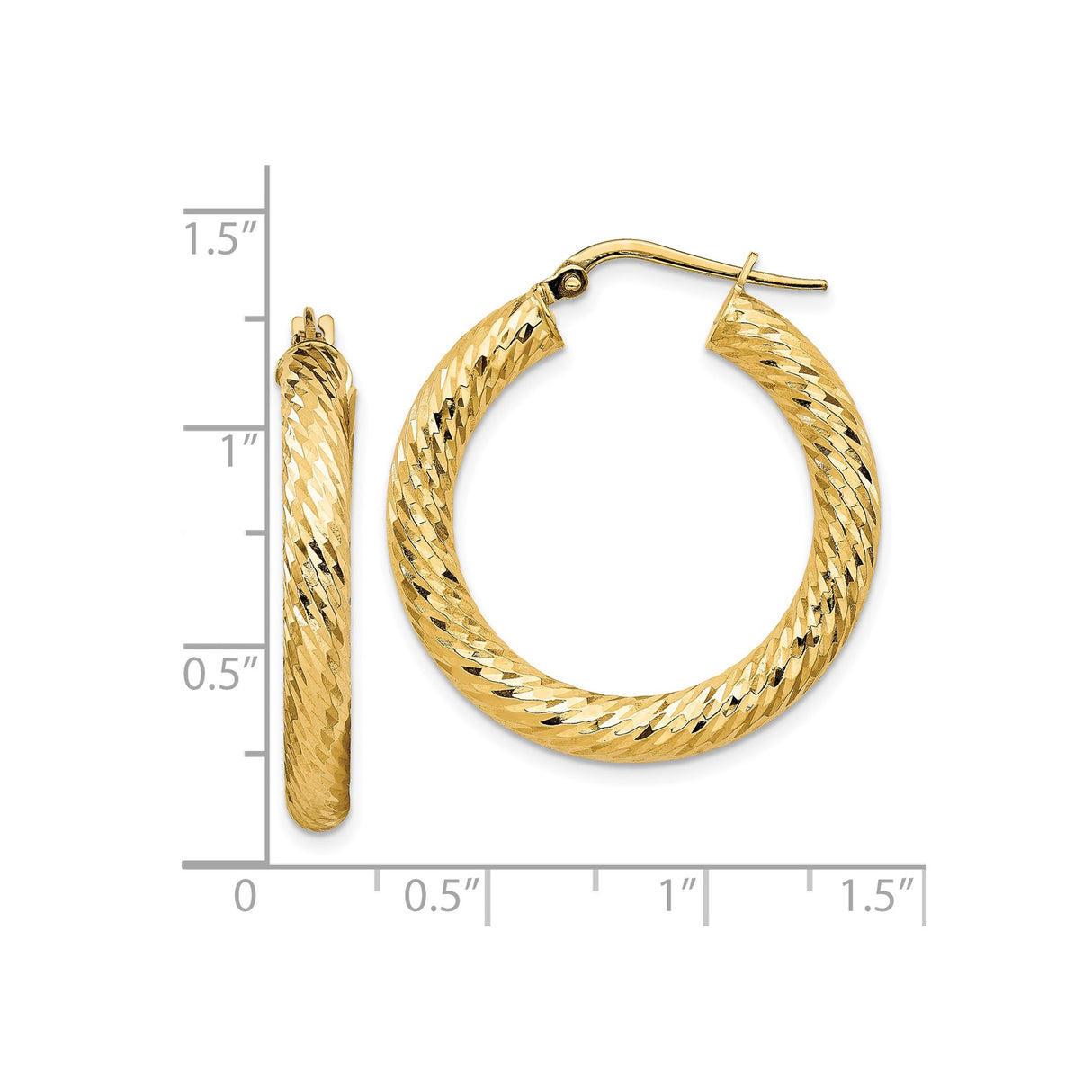 10k Yellow Gold Twisted Hoop Earrings with Diamond Cut Textured Design