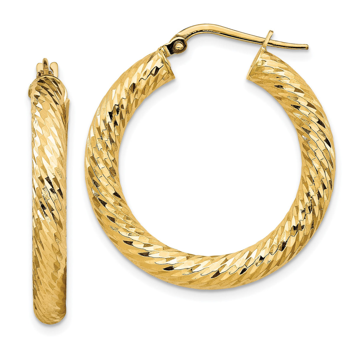 10k Yellow Gold Twisted Hoop Earrings with Diamond Cut Textured Design