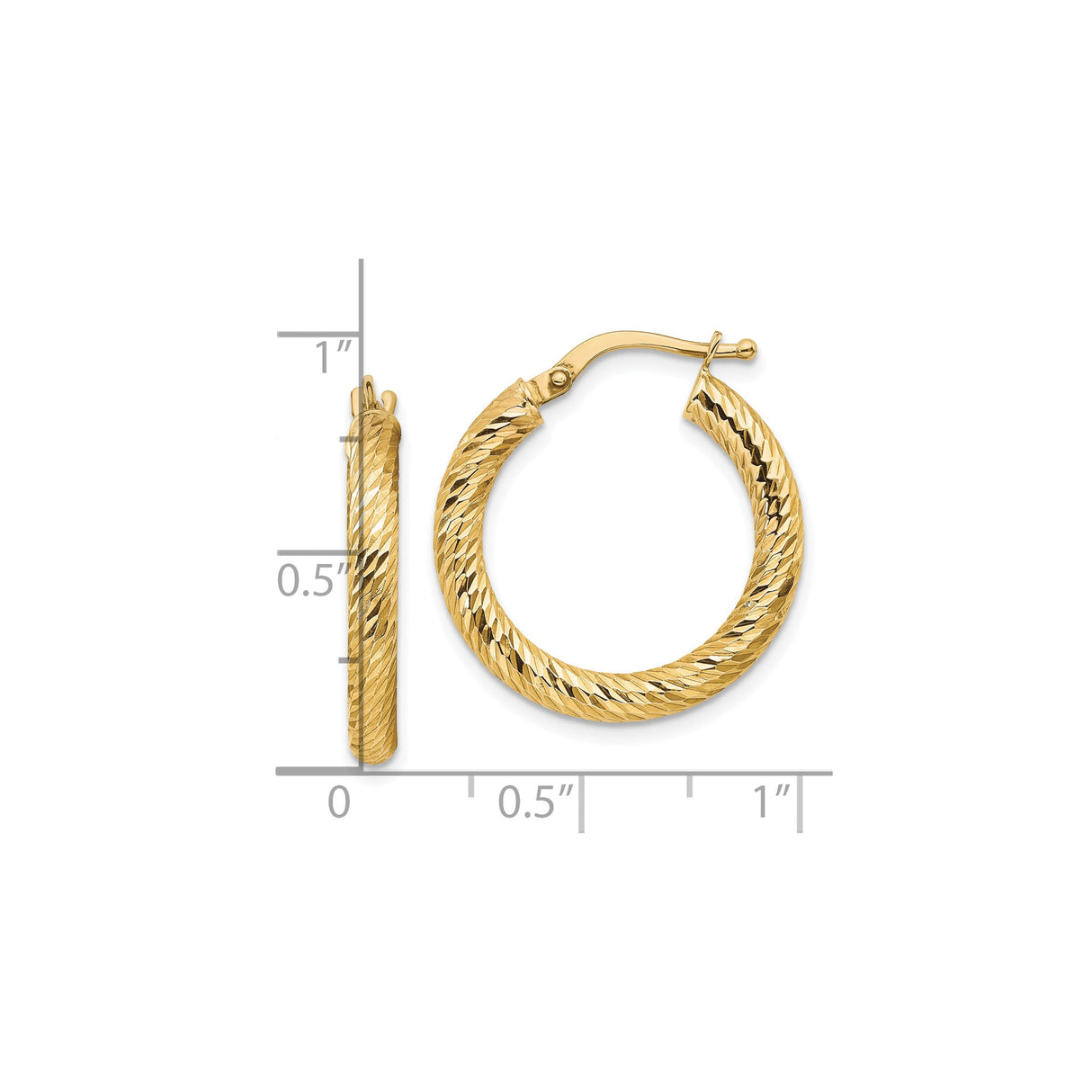 10k Yellow Gold Hoop Earrings, Diamond-Cut Textured Round Hoops with Latch-Back Closure