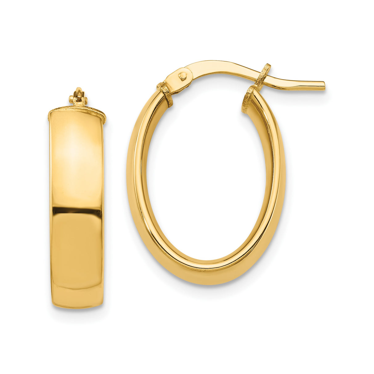 10k Yellow Gold Oval Hoop Earrings with Hinged Closure, Polished Finish, Lightweight Medium Size
