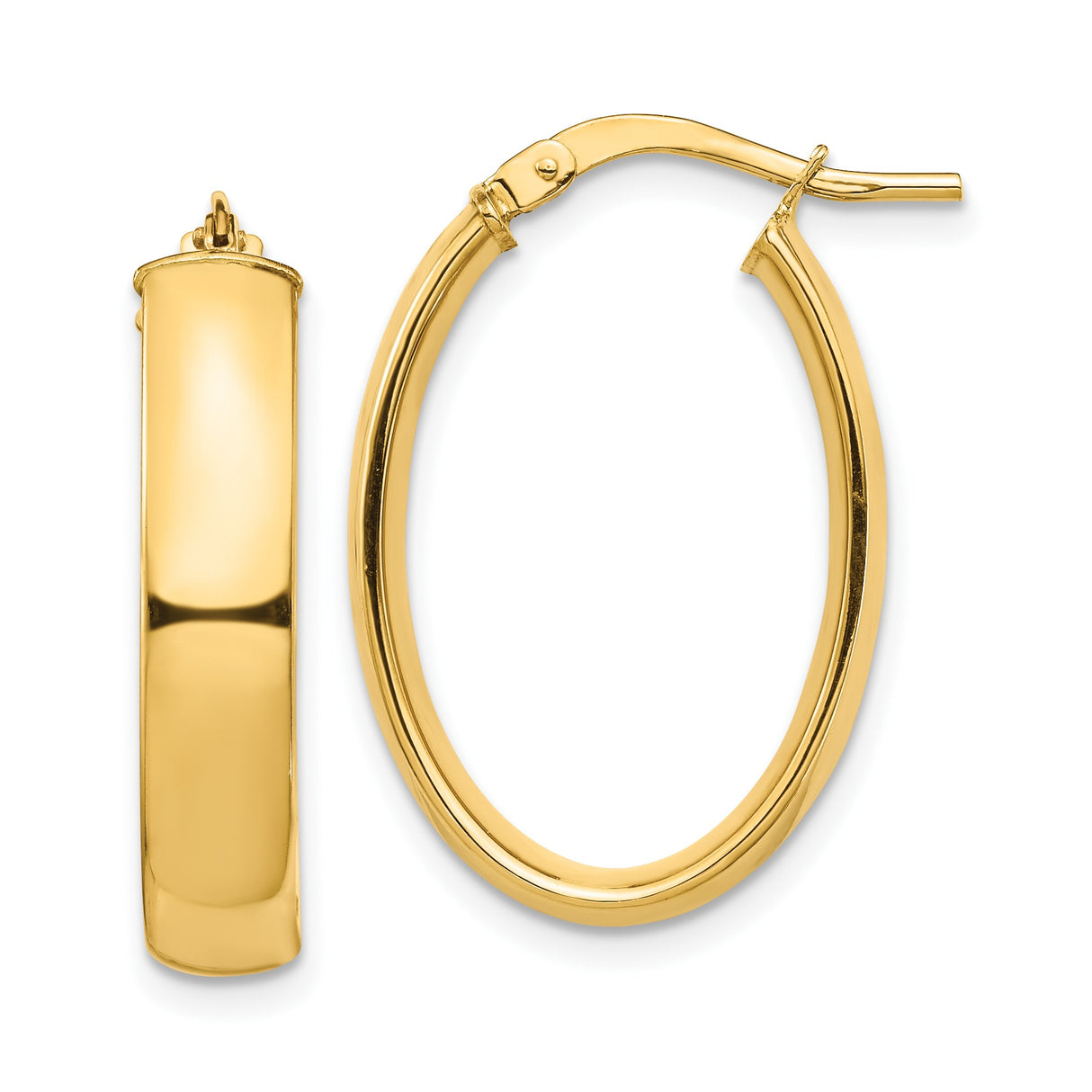10k Yellow Gold Oval Hoop Earrings with Polished Finish, Hinged Snapback, Lightweight Design
