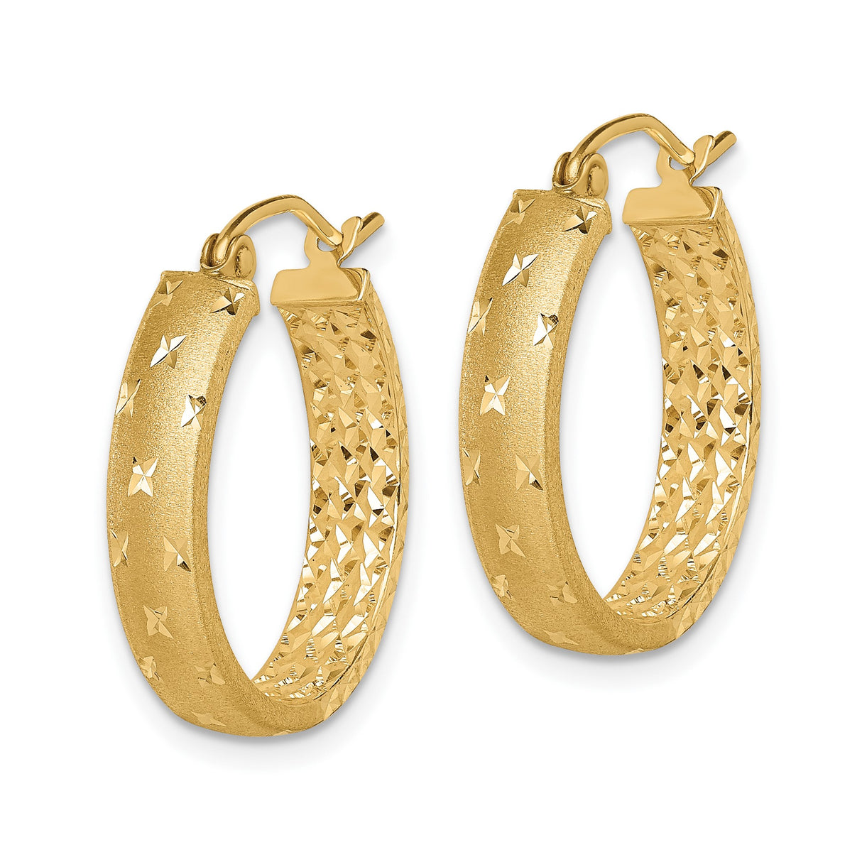 10k Yellow Gold Hoop Earrings with Textured Diamond-Cut Star Pattern, High Polish Finish