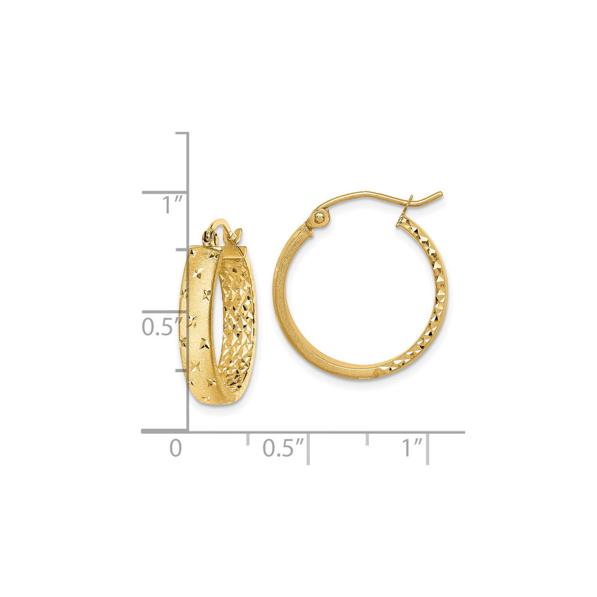 10k Yellow Gold Hoop Earrings with Textured Diamond-Cut Star Pattern, High Polish Finish